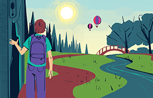 illustration of hiker staring at hot air balloons along the pathway